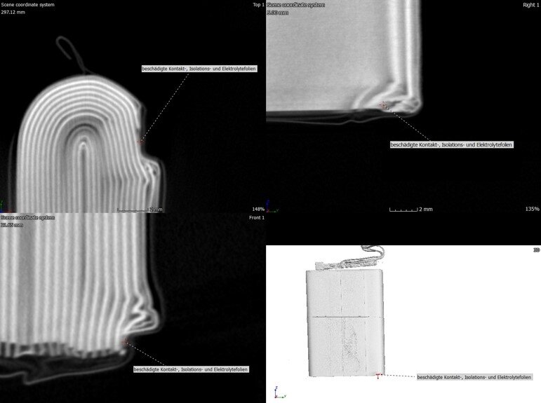 CT-Bild von einem beschädigten Lithium-Ionen-Akku - Zerstörungsfreie Prüfung von Batteriesystemen